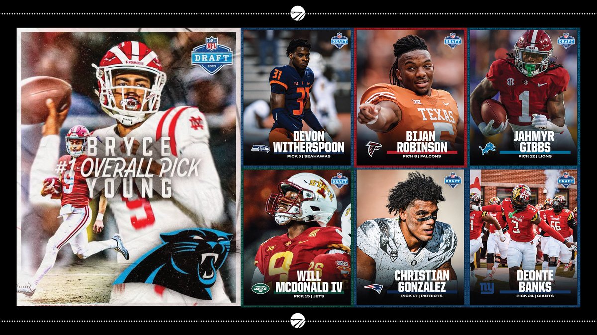 FieldTurf's tweet image. Exciting #NFLDraft for #TeamFieldTurf: @AtlantaFalcons, @Giants, @nyjets, @Lions, @Panthers, @Patriots &amp;amp; @Seahawks.🏈Congrats to players joining these teams, including:@_bryce_young, @DevonWitherspo1, @Bijan5Robinson, @Jahmyr_Gibbs1, @WILL_JUN1OR, @chrisgonzo28 &amp;amp; @IamDeonteBanks_