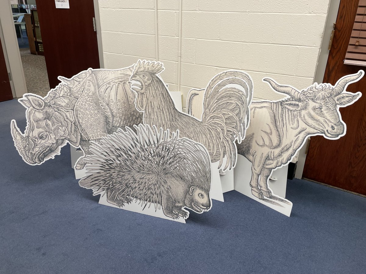 The Conrad Gessner animals are ready for #MarylandDay2023!  🐓🦏🦔🐮

Join us tomorrow in Hornbake Library for the Rare Book Petting Zoo, 10am-4pm