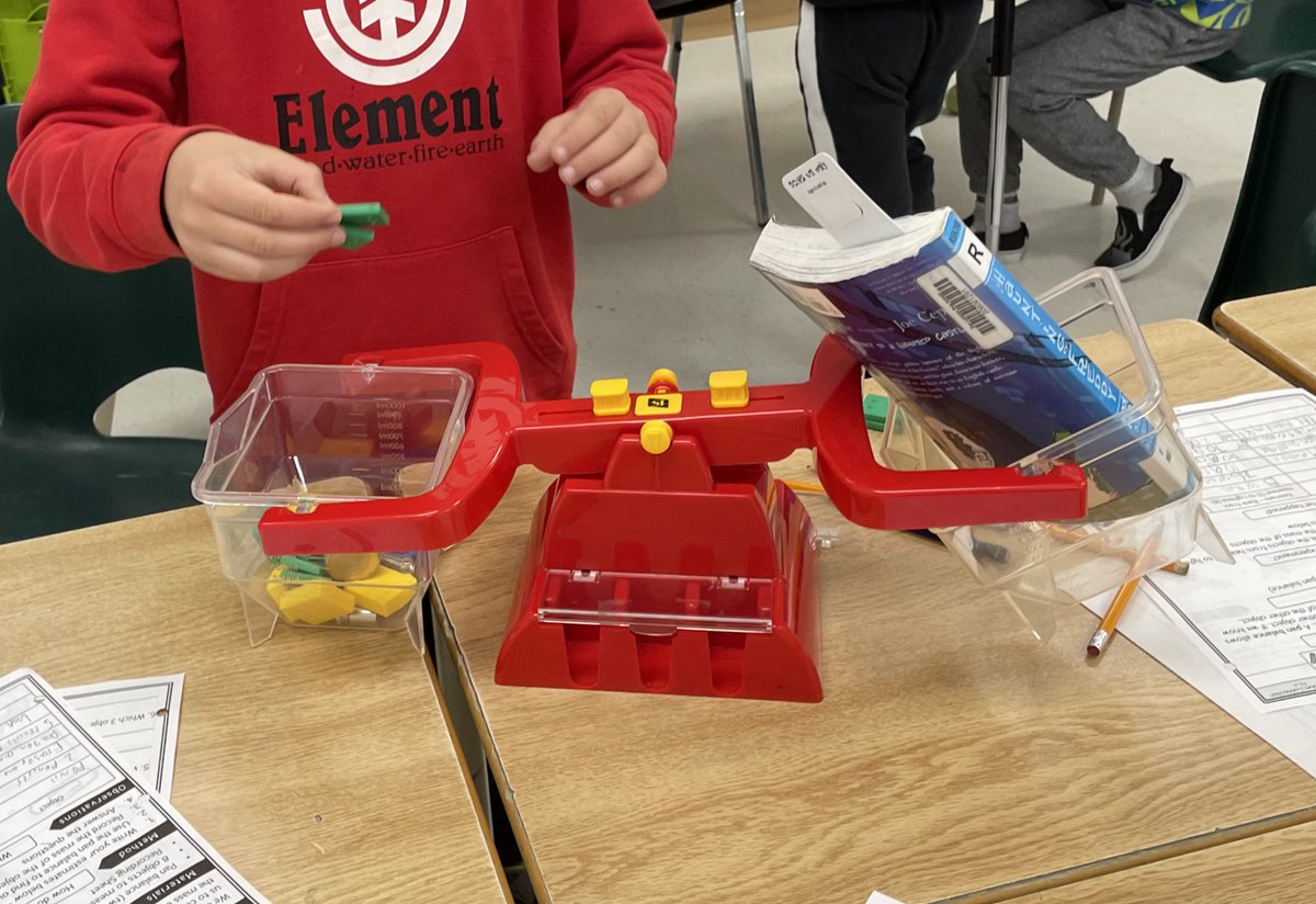 SLRMRSSB's tweet photo. How heavy is it?  What weighed the most?  Learning about mass and weighing with grams and making estimates along the way.  #mathmornings https://t.co/kYDzw0ZtER