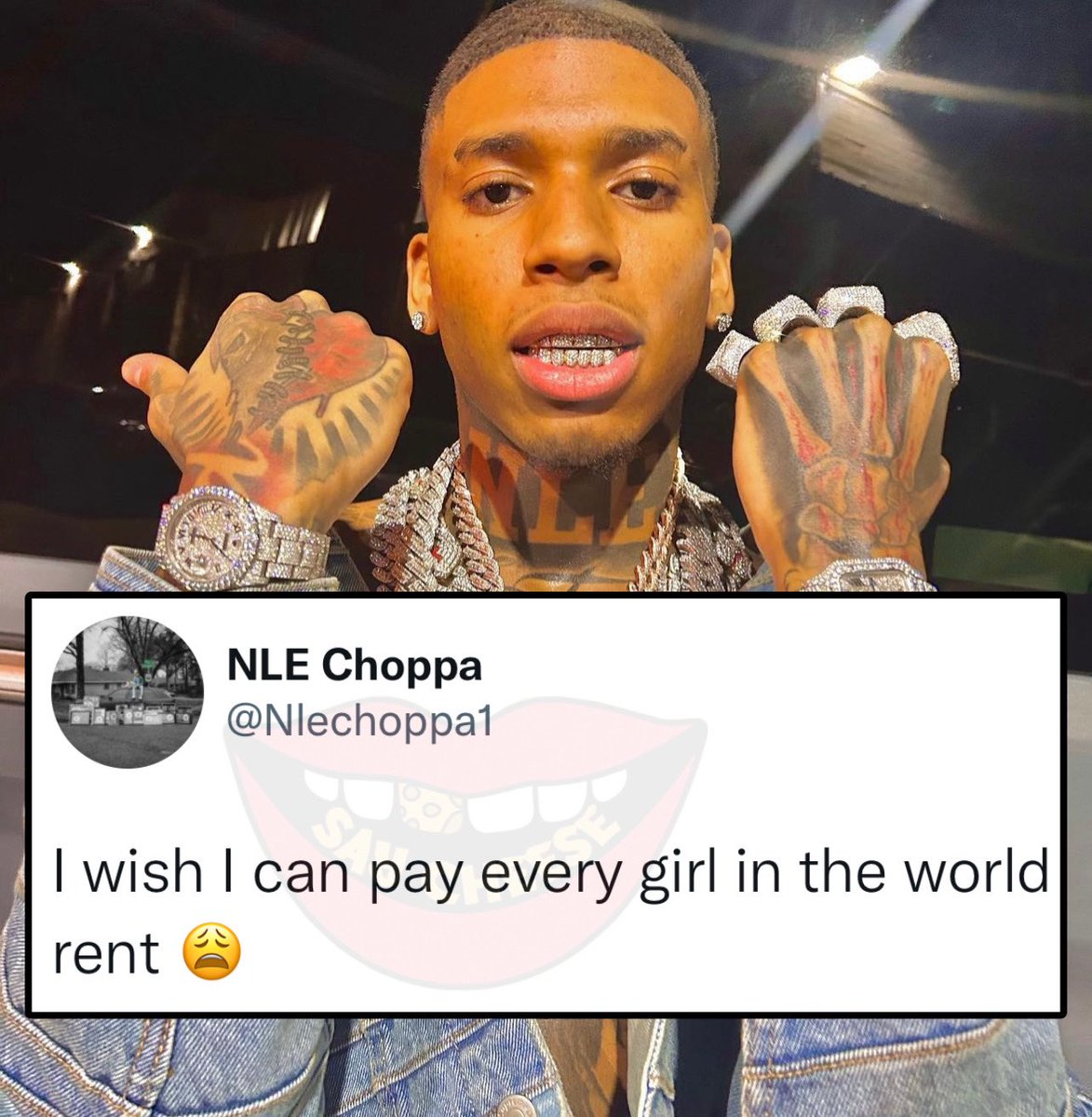 SaycheeseDGTL's tweet photo. NLE Choppa says he wish he could pay every girl in the world rent 💰🏠 https://t.co/0bsJ0AtDl8