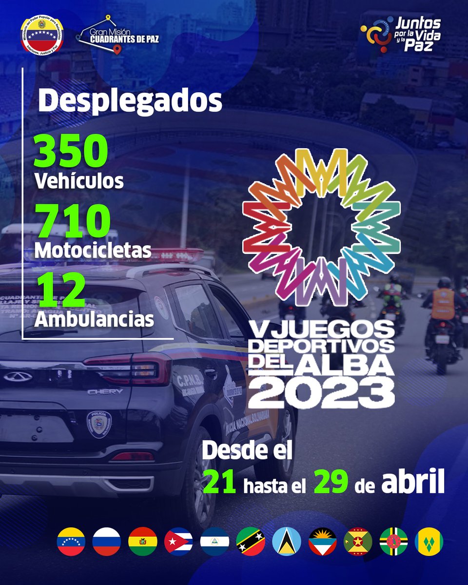 MijpVzla's tweet photo. #28ABR || Funcionarios(as) de los órganos de seguridad ciudadana, el Sistema Nacional de Gestión de Riesgo y la #FANB se encuentran desplegados garantizando seguridad y protección al pueblo venezolano en la 5ta edición de los #JuegosDelAlba2023 

#JusticiayReparación https://t.co/oOf2mpawU4