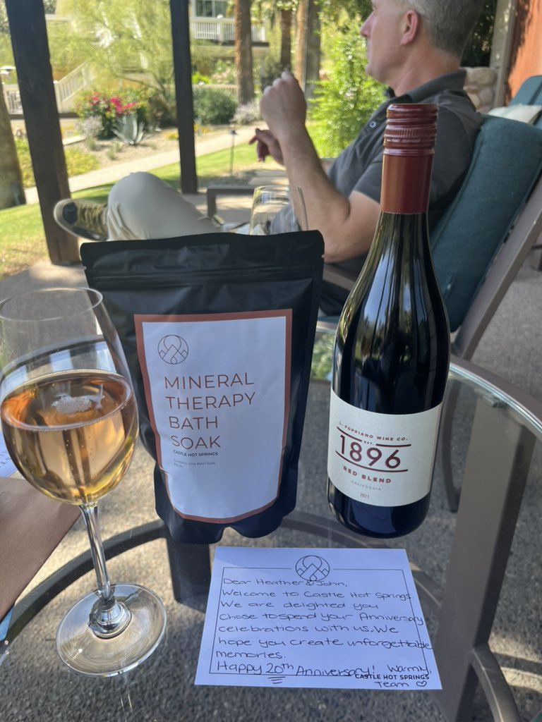 My hubby and I are celebrating our 20th wedding anniversary <a href="/CastleHotSpring/">Castle Hot Springs</a> in #AZ this place is amazing! So nice they gave us a bottle of wine &amp; bath salts from the hotsprings to congratulate us! ❤️