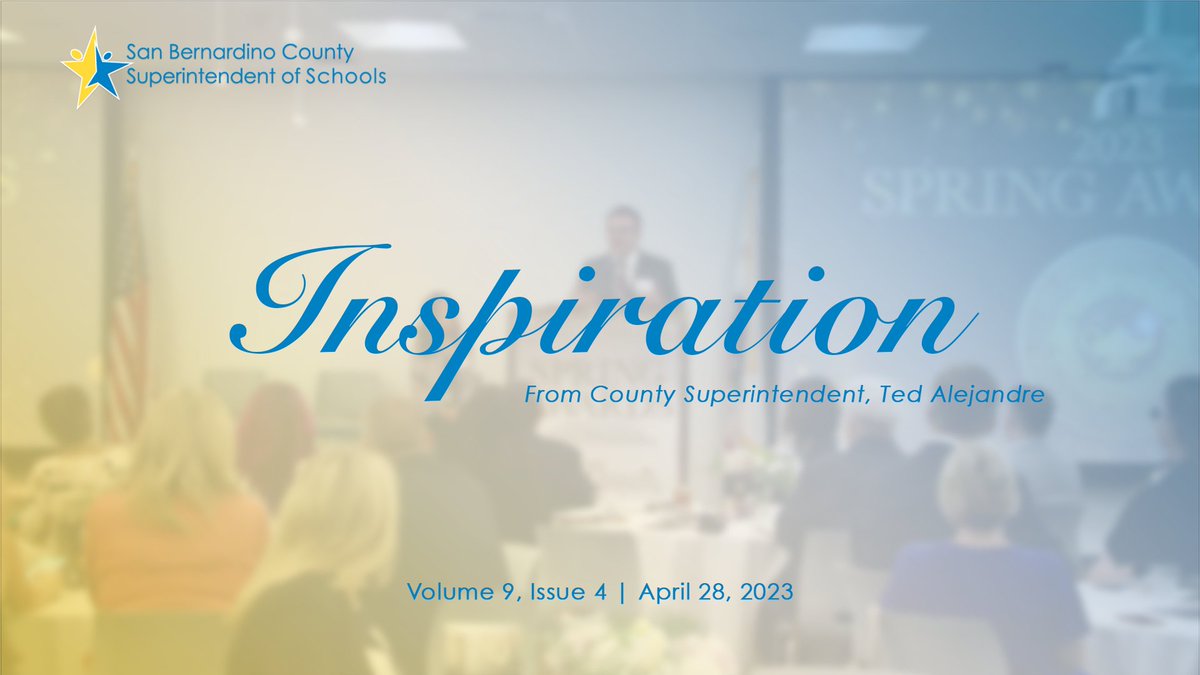 Watch San Bernardino County Superintendent Ted Alejandre's monthly Inspiration message. @SBCountySchools Inspiration Newsletter Volume 9 Issue 4 Watch Here: https://lnkd.in/g387f6tB Read the full Inspiration Newsletter Here: https://conta.cc/3AA3oJN