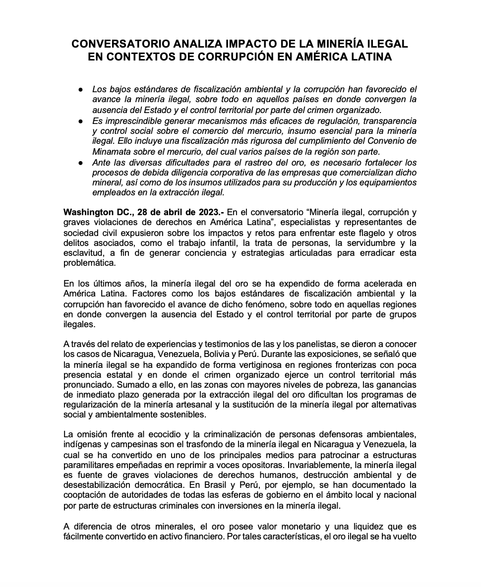 DPLF_info's tweet photo. 🌎 Los bajos estándares de fiscalización ambiental y la corrupción fomentan la minería ilegal en América Latina, sobre todo en regiones donde convergen la ausencia del Estado y el control territorial del crimen organizado.

📌 Comunicado conjunto en: https://t.co/Xxa8c8j4He https://t.co/86N5wNnc4j