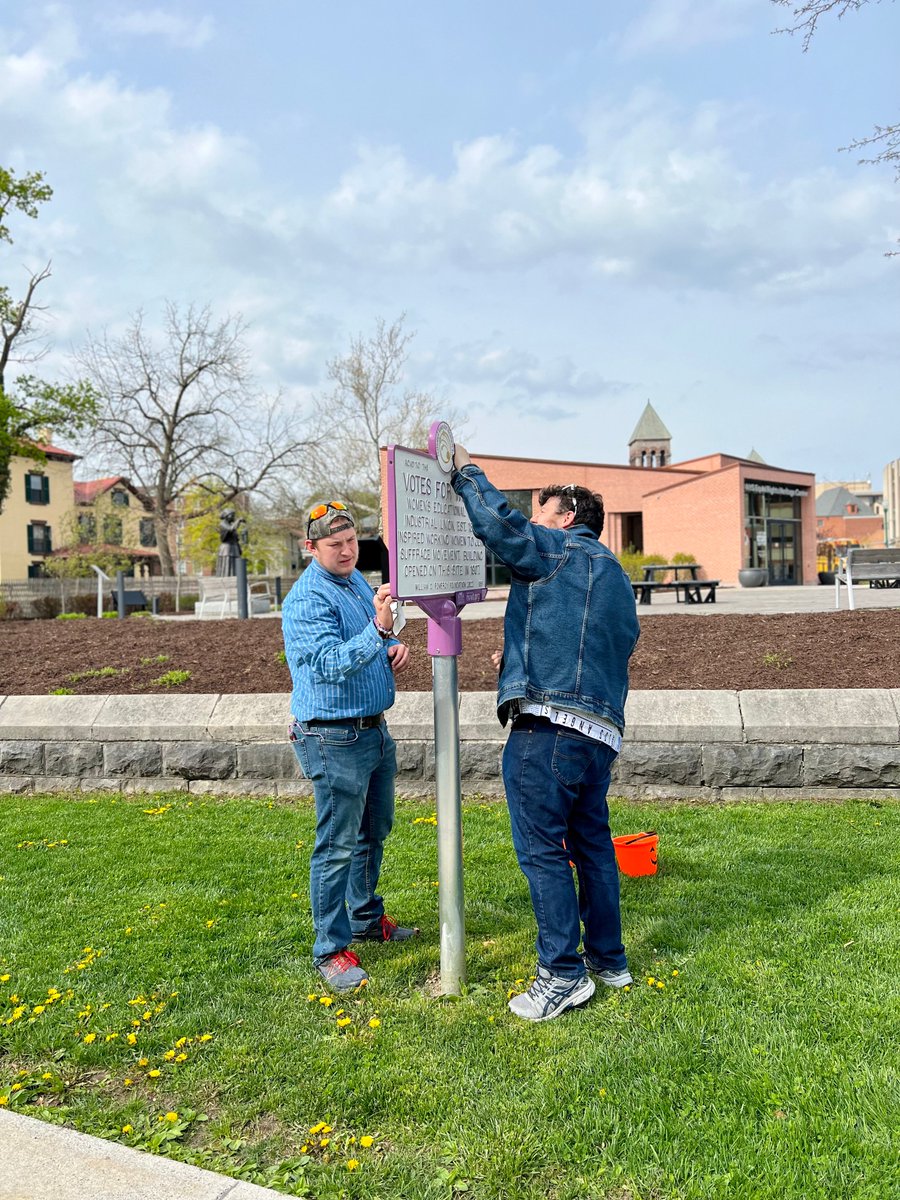 Happy #NationalHistoricMarkerDay! Our Cayuga-Onondaga BOCES interns Tim &amp; Dillon gave the Women's Educational &amp; Industrial Union Votes for Women Historic Marker on South Street a shiny spring cleaning! #auburnny #cayugacounty #historyshometown #historicmarker #volunteer