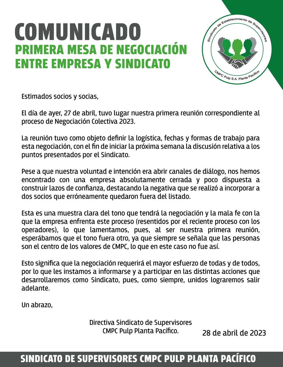 SindSupPacifico's tweet photo. #CMPC niega la incorporación de dos de nuestros socios recién iniciada la negociación mostrando su postura de mala fe desde la primera reunión en este proceso.

#forestal #mininco #renaico #collipulli #malleco #angol #LosAngelesCL #nacimiento #laja https://t.co/bktIJ7T4pN
