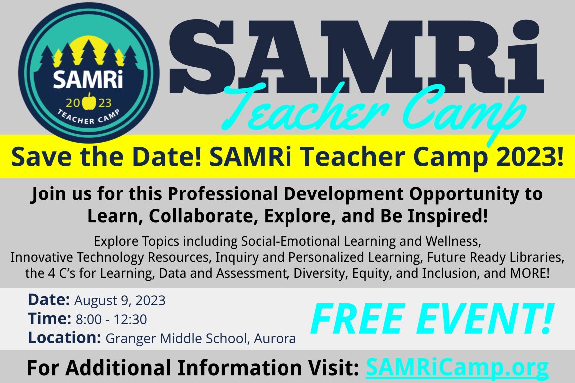 📣SAVE THE DATE: SAMRi Teacher Camp returns August 9th!! 

Share⬇️a topic you'd love to explore at this year's SAMRi Teacher Camp! 

Did we mention it's FREE?!😃