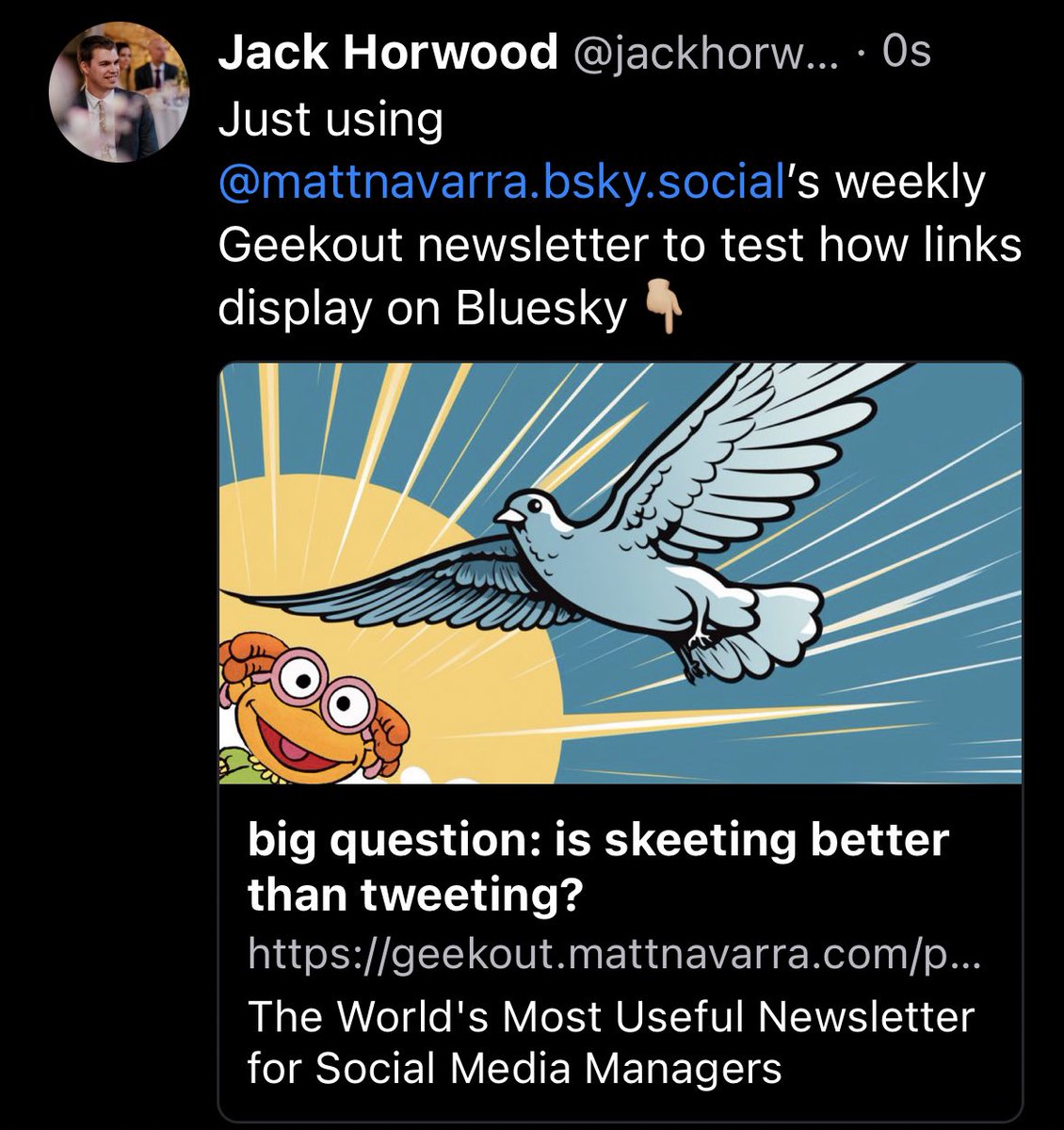 JackHorwood's tweet image. What happens when you add a link on Bluesky and T2?

A comparison using this week’s #Geekout newsletter from @MattNavarra 👇🏼

Bluesky allows you to “add a link” card removing the URL from the post itself.

T2 opts for a more subtle approach but the link remains visible.
