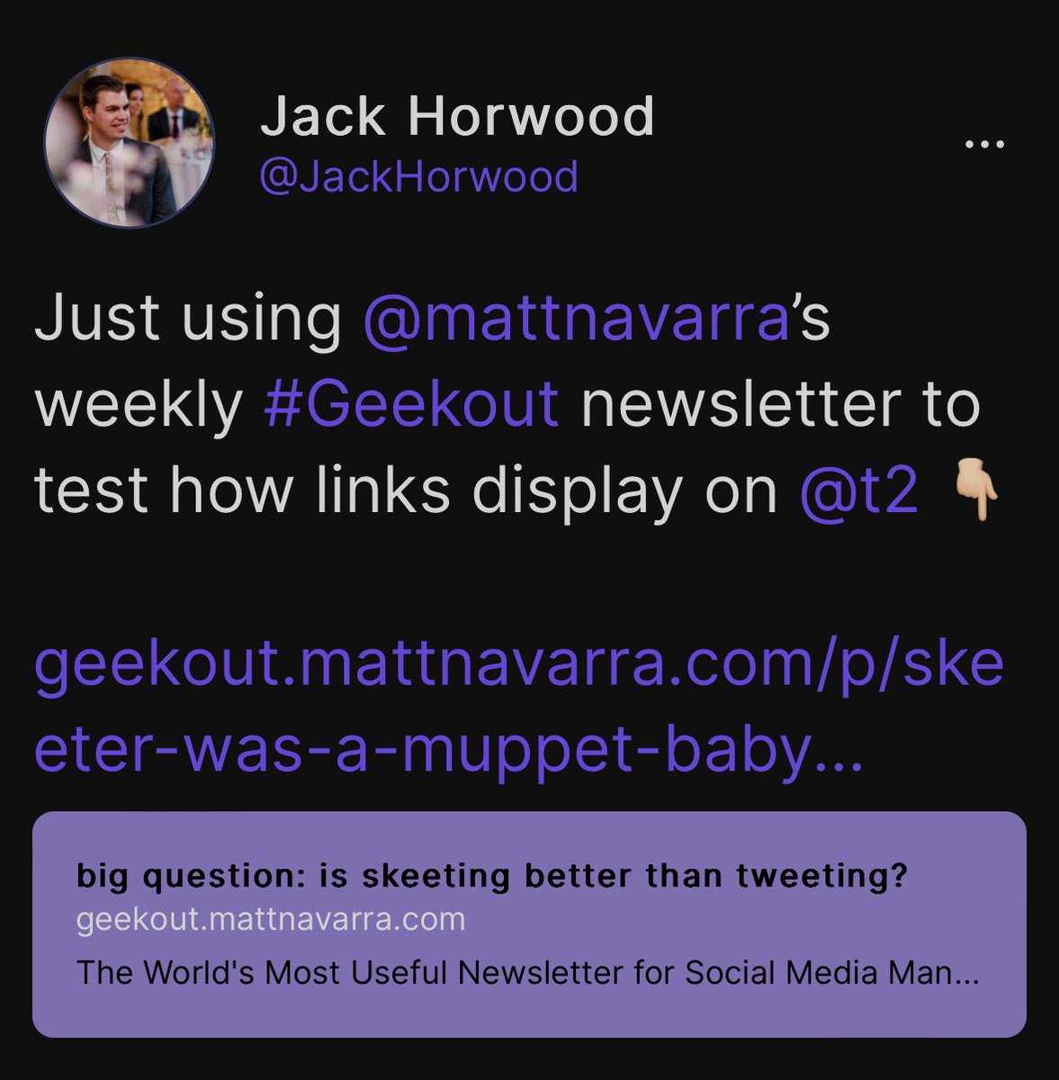 JackHorwood's tweet image. What happens when you add a link on Bluesky and T2?

A comparison using this week’s #Geekout newsletter from @MattNavarra 👇🏼

Bluesky allows you to “add a link” card removing the URL from the post itself.

T2 opts for a more subtle approach but the link remains visible.