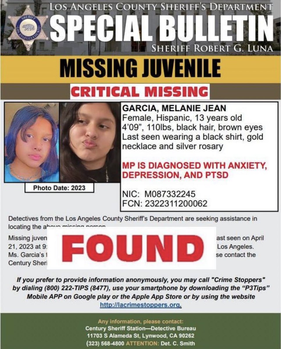 Lauraonthecase's tweet photo. #Found : Melanie Garcia (13) has been located. Great News! #FoundSafe #LACSD https://t.co/az4BEaspOq