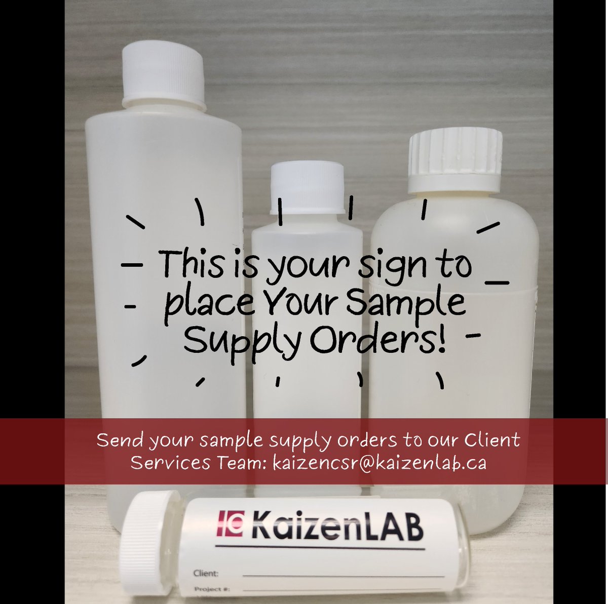 Waiting for a sign? Well this is your sign to place your sample supply orders with us! 

#EnvironmentalLab #AnalyticalServices #TeamKaizenLAB #AlbertaProud #YYC #YEG #Local #SupportLocal #Environment #Laboratory #KaizenLABThirty #SupplyOrders #SoilTesting #WaterTesting