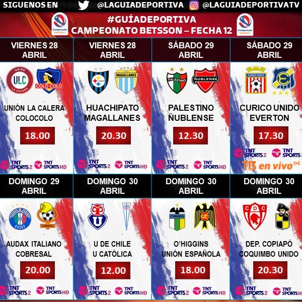 Laguadeportiva1's tweet photo. #CampeonatoBetsson 🇨🇱 con la #DuodecimaFecha. 
📺CUR v EVE [T13 en vivo] señal 2 de @canal13 

#AscensoBetsson 🇨🇱 #DecimaFecha. 
📺 RAN v PM [diferido] 
➡️ 5 partidos por 📺 [@TNTSportsCL 2 y HD] 
➡️ 2 partidos por 🏟️ [Estadio TNT Sports Exclusivo] https://t.co/KNnwW9PPkM