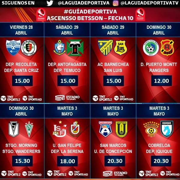 Laguadeportiva1's tweet photo. #CampeonatoBetsson 🇨🇱 con la #DuodecimaFecha. 
📺CUR v EVE [T13 en vivo] señal 2 de @canal13 

#AscensoBetsson 🇨🇱 #DecimaFecha. 
📺 RAN v PM [diferido] 
➡️ 5 partidos por 📺 [@TNTSportsCL 2 y HD] 
➡️ 2 partidos por 🏟️ [Estadio TNT Sports Exclusivo] https://t.co/KNnwW9PPkM