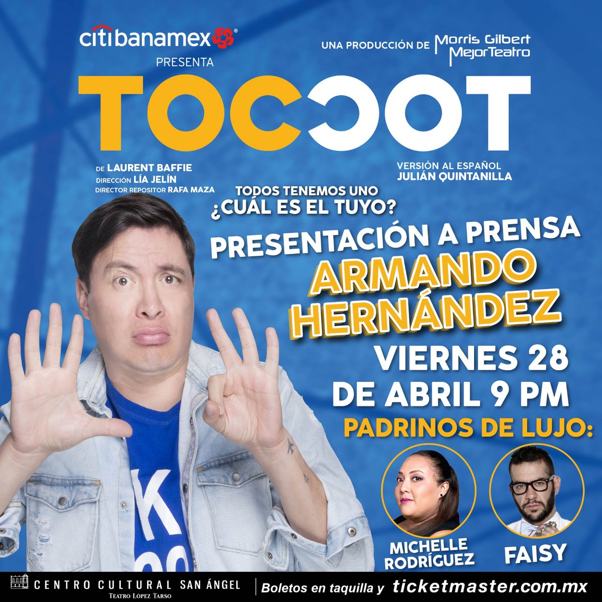 De vagos con <a href="/mejorTeatro/">Mejor Teatro</a>
🔵 <a href="/armandohoficial/">Armando Hernández</a> se une a la familia de <a href="/toctocobra/">TOC TOC México</a> 🟡
 
📍 Vie 28 de abril - CC San Ángel *  21  hrs
✨ Padrinos de lujo <a href="/michihart/">Michelle Rodriguez</a> * <a href="/faisirrito/">Faisy 🐺</a> 

PARTICIPA POR TU PASE DOBLE
😁  ¿Cuál es tu toc?
🫡  Ya nos recomiendas?
😉 Deja tu nombre completo