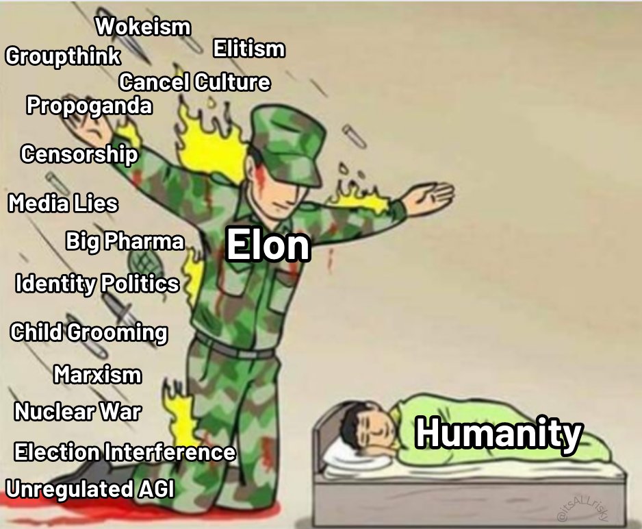 itsALLrisky's tweet photo. What’s admirable about @elonmusk is that he doesn’t mind going after powerful people in pursuit of what is right

His only North Star is Truth — he will sacrifice everything to defend it and protect it

He challenged government censorship and mainstream media control by purchasing Twitter, and he took power away from the elites by removing legacy verified blue checks.

He’s pushing back against media lies, identity politics, and the Cult of Wokeism

He’s speaking out against warmongers, the increasing possibility of nuclear fallout, and the catastrophic consequences of unregulated AGI

This takes guts

He’s putting pressure on the bureaucrats who made abysmal decisions about Covid to the benefit of Big Pharma, and he’s attacking groomers who instigate violence against children

He’s bringing power back to the people through crowdsourced fact-checking with Community Notes, and he’s helping independent journalists and entertainers make a living without fear of being canceled by enabling monetization through subscriptions on Twitter

He is taking power away from propaganda machines by making Twitter equal and available for all, giving power back to the people, enabling a Free Speech platform that gives Truth the chance to rise to the surface

Despite making powerful enemies, it doesn't matter, because he believes in something greater than himself

He is slandered and libeled and criticized in this fight, but he keeps fighting on, because this isn't about him — it's about Truth, Goodness, and protecting the light of Consciousness

There’s a lot you may disagree with about Elon, but you can’t argue that he isn’t damn courageous, and courage is perhaps a primary virtue because it enables the protection of all other values

Keep speaking up, Elon, continue to defend Truth, from an impulse of Love, for the sake of Beauty — You’re not alone in this fight!