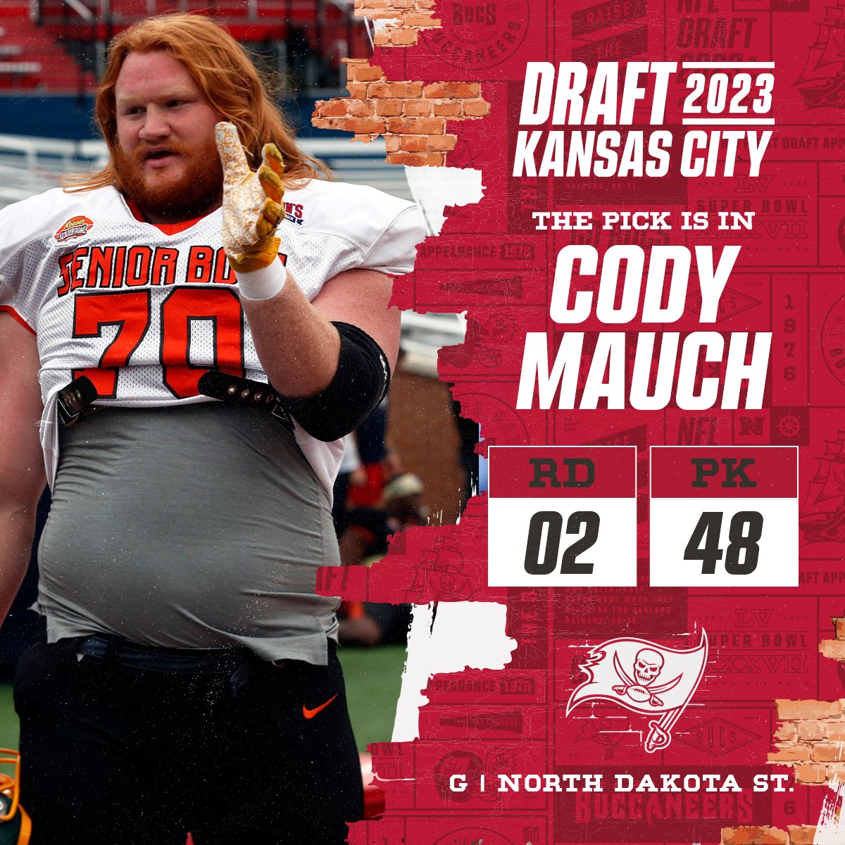 NFL's tweet photo. With the No. 48 overall pick in the 2023 @NFLDraft, the @Buccaneers select Cody Mauch!

📺: 2023 #NFLDraft on NFLN/ESPN/ABC
📱: Stream on NFL+ https://t.co/D3EqkrKdIw https://t.co/7yAjjBfwlM