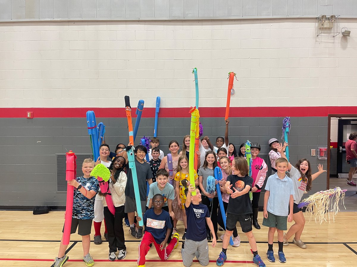 WJESClarke5th's tweet photo. Day 2 of Run for the Milestones.  We had our creative juices flowing while creating a Derby headpiece with a paragraph with specific language arts requirements to share at our Derby Fashion Show.  We also raced our pool noodle horses! #successatjcss https://t.co/GPPcJEMQK9