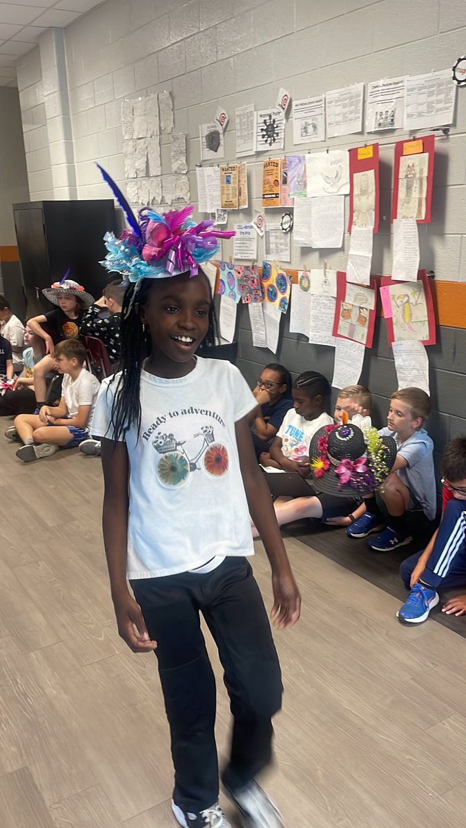 WJESClarke5th's tweet photo. Day 2 of Run for the Milestones.  We had our creative juices flowing while creating a Derby headpiece with a paragraph with specific language arts requirements to share at our Derby Fashion Show.  We also raced our pool noodle horses! #successatjcss https://t.co/GPPcJEMQK9