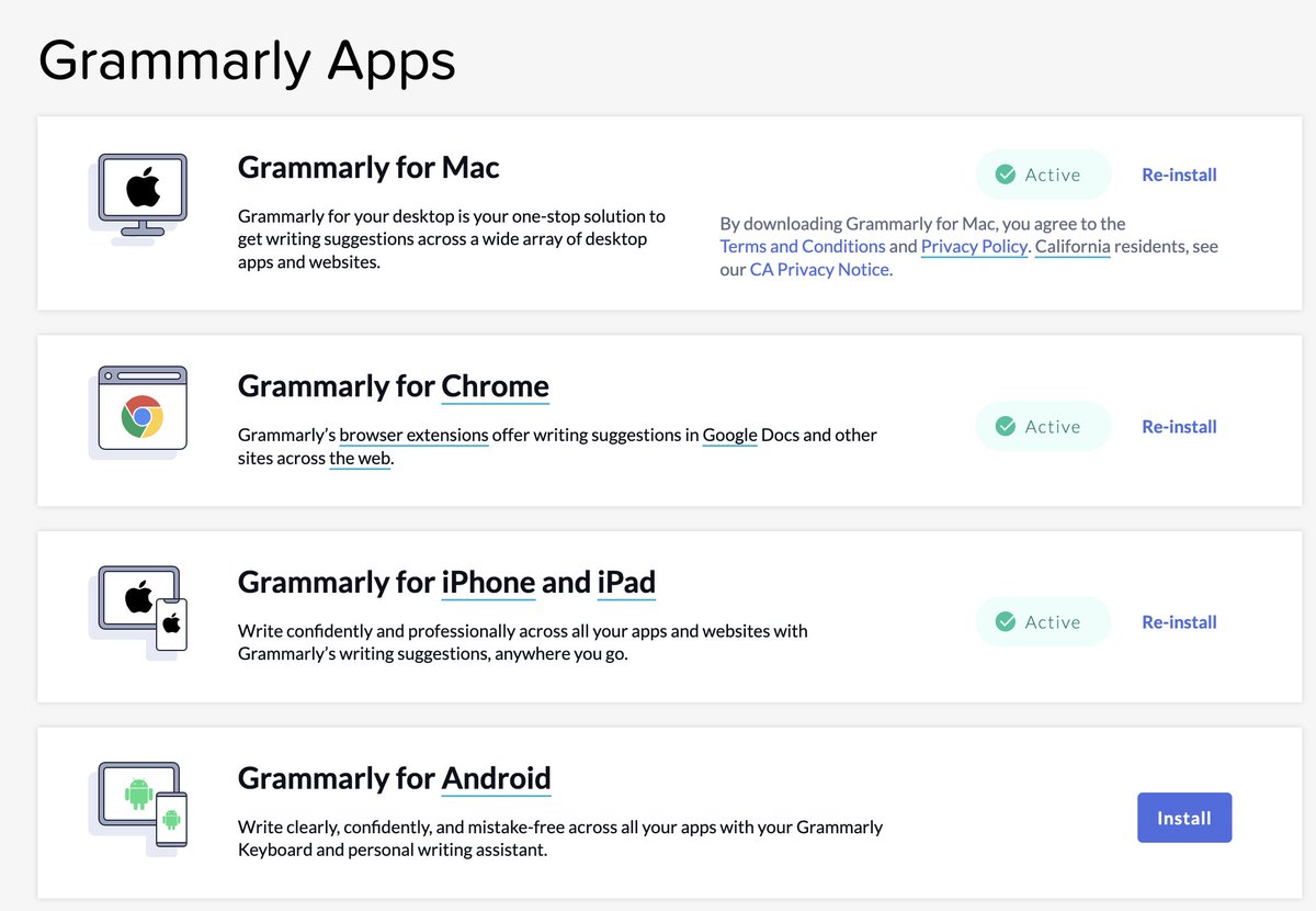 7️⃣ Grammarly

説明不要？もうほぼ全てのデバイスで使ってます。

英語ネイティブも使ってるの見かける、英文校正ツール。

ChatGPTが搭載されたGrammarlyGoが待ち遠しい。

🔗grammarapp.grammarly.com