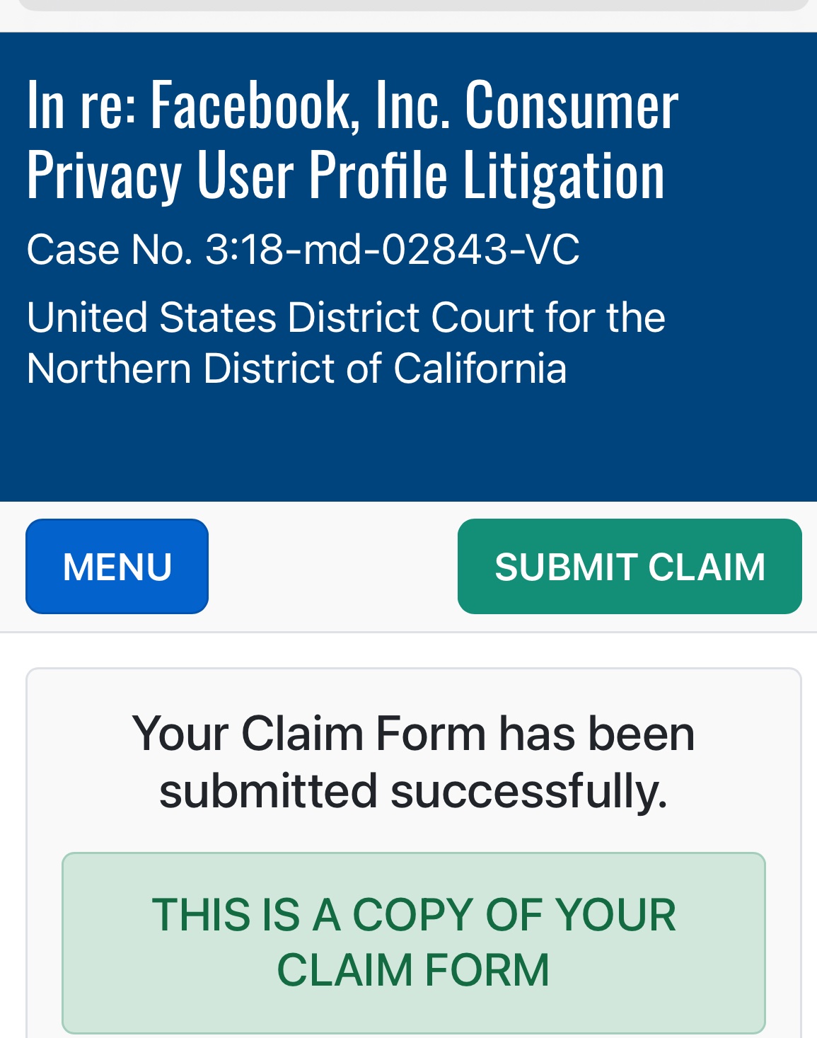 Adam Zimmerman on Twitter: "That was a pretty easy claim form for the  Facebook Cambridge Analytica class action settlement. Curious to see if  this kind of outreach increases participation. https://t.co/j0ZMCCp86E  https://t.co/xmPubjncjB" /
