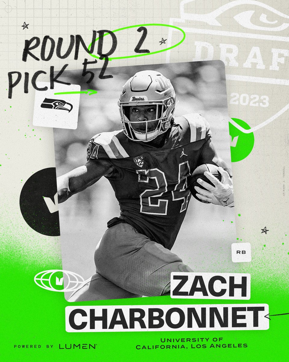 Seahawks's tweet photo. No. 52 goes to Running Back @zachcharbon from @UCLAFootball! 

#GoHawks x @lumentechco https://t.co/FXTFb3O0HX