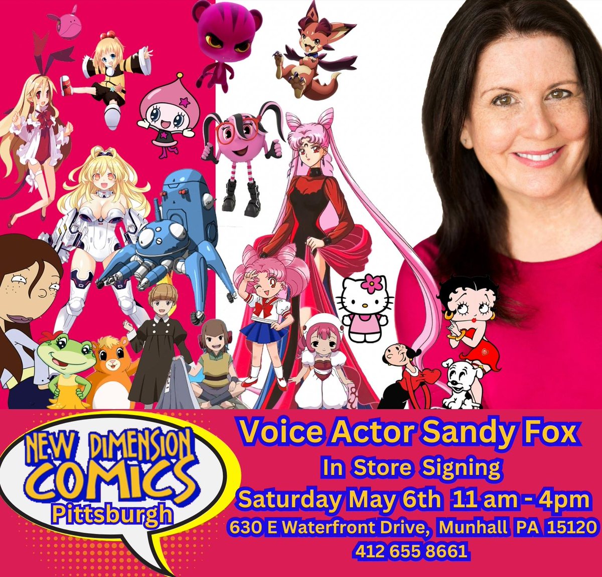 SandyFoxWorld's tweet photo. Excited to be a guest of Comic Book Day at New Dimension Comics in Pittsburgh at The Waterfront
I will be signing Saturday, May 6th, 11 am- 4pm
Make sure to follow @ndcomics for all the details!
#comicbookday23 #bettyboop #comics #funko #manga #sailormoon #newdimensioncomics https://t.co/LASVsrX4Cn