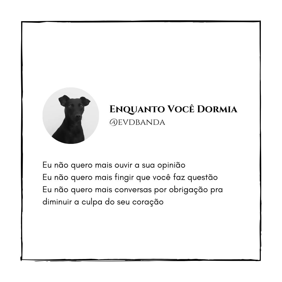 EVDBanda's tweet photo. Eu não quero mais ouvir a sua opinião
Eu não quero mais fingir que você faz questão
Eu não quero mais conversas por obrigação pra diminuir a culpa do seu coração

#eunao #quero #mais #eu #não #evdbanda #enquanto #você #dormia #letrasenversos #letra #letras #reflexão #pensamento https://t.co/lY83Ib1uxg