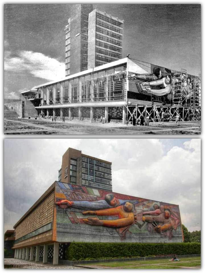 Mural "El pueblo a la Universidad, Universidad al pueblo" realizado por David Alfaro Siqueiros,donde utilizó la técnica innovadora "escultopintura",este es uno de los tres murales realizados en la Torre de Rectoría entre 1952 y 1956. Foto: Enrique Sandoval. <a href="/pepenaime/">José Naime</a> <a href="/FLopezr68/">Fᴇʀɴᴀɴᴅᴏ Lᴏ́ᴘᴇᴢ</a>