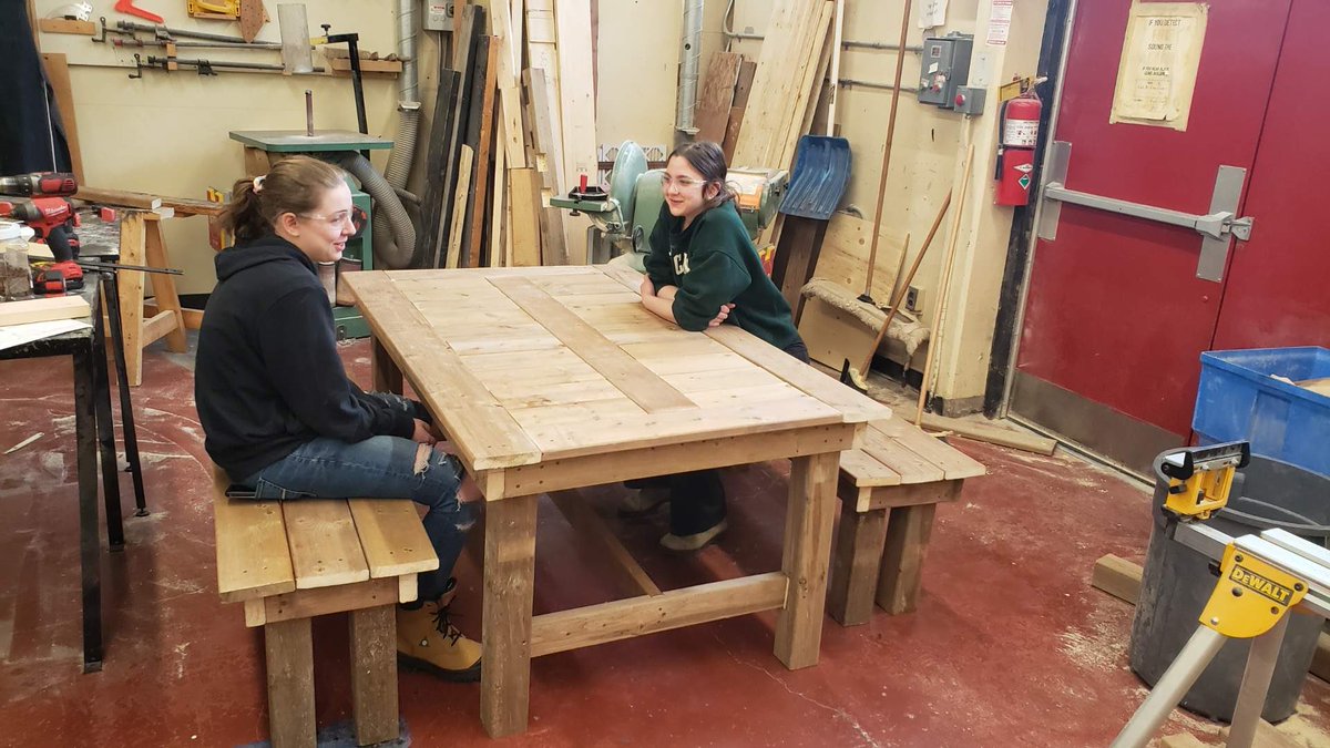 A table with with two benches for one happy customer.  Great build by two talented young women. ⁦<a href="/bssnews/">BSS News</a>⁩ ⁦<a href="/BSSEngineering/">BSS Manufacturing</a>⁩ ⁦<a href="/BSSGuidance/">BSSGuidance</a>⁩ #CreatingSkilledAdults