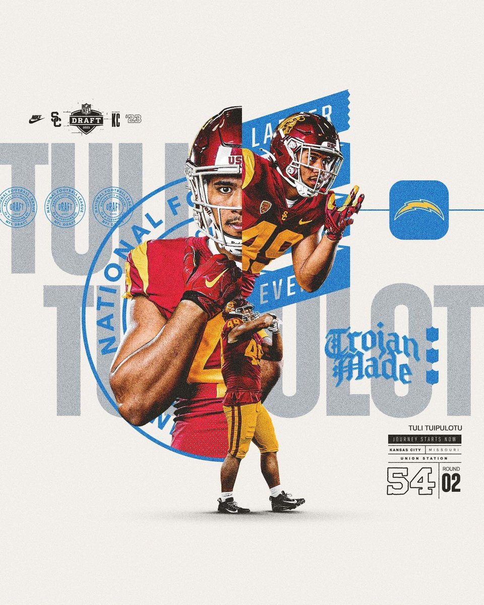 USC Football ✌️ (@uscfb) on Twitter photo He’s staying in Los Angeles!
With the 54th pick — the <a href="/chargers/">Los Angeles Chargers</a> select <a href="/TuipulotuTuli/">Tuli Tuipulotu</a>! ‼️✌️⚡️
#BoltUp #TrojanMade
#NFLDraft on ABC/ESPN/NFLN He’s staying in Los Angeles!
With the 54th pick — the <a href="/chargers/">Los Angeles Chargers</a> select <a href="/TuipulotuTuli/">Tuli Tuipulotu</a>! ‼️✌️⚡️
#BoltUp #TrojanMade
#NFLDraft on ABC/ESPN/NFLN