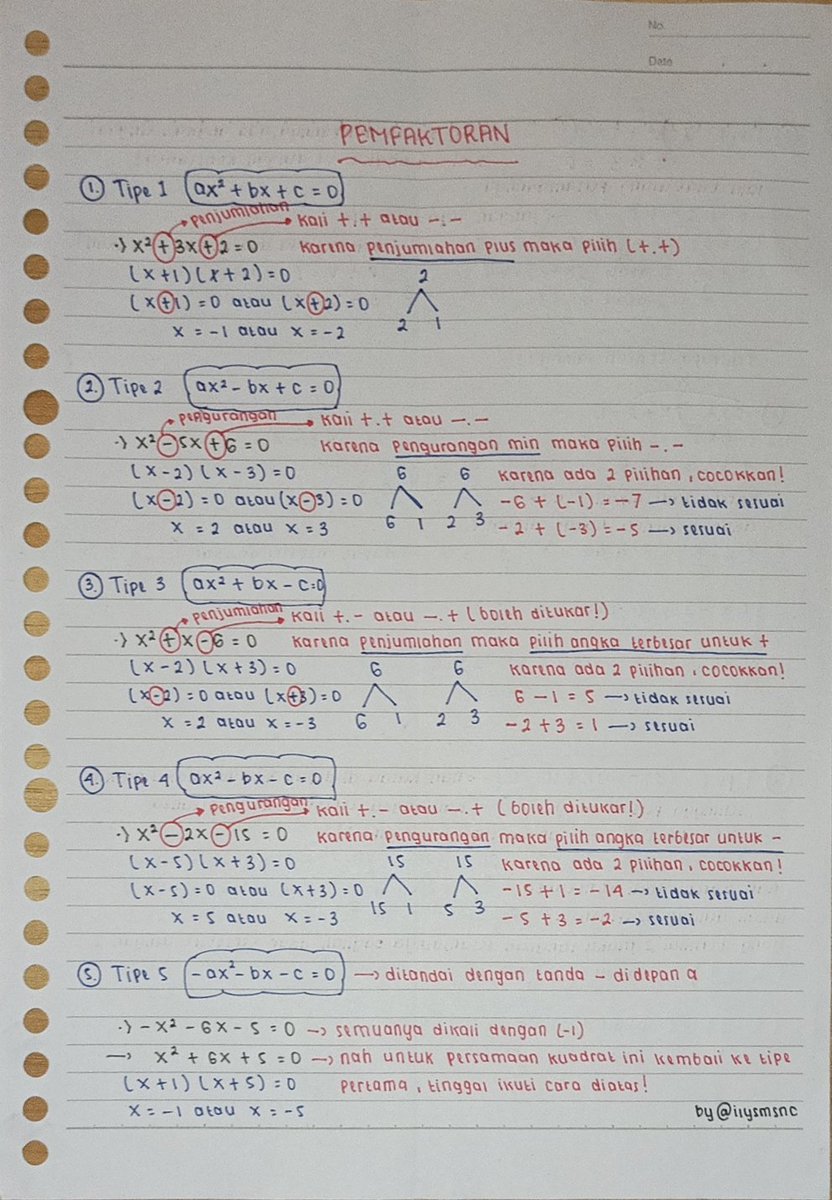 ilysmsnc's tweet photo. barangkali ada yg masi kebingungan cara memfaktorkan atau muk tau carcep nya gimana, ini notes aku semoga membantu😋✨
#ilysmsncnotes https://t.co/Pl8EISUPdW