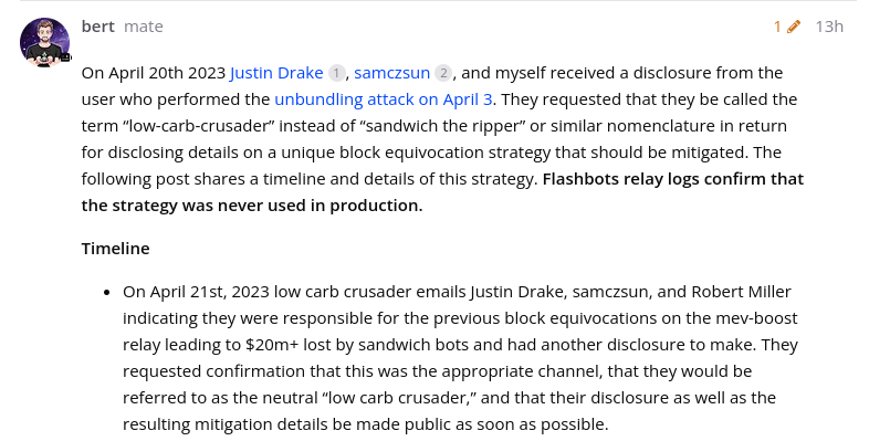 0xngmi's tweet photo. llamao this is too based

the person who stole 20m from sandwitch bots by unbundling sandwiches reported another bug that would allow the same attack again, in exchange of being called "low-carb-crusader" https://t.co/uvLUgIVSqH