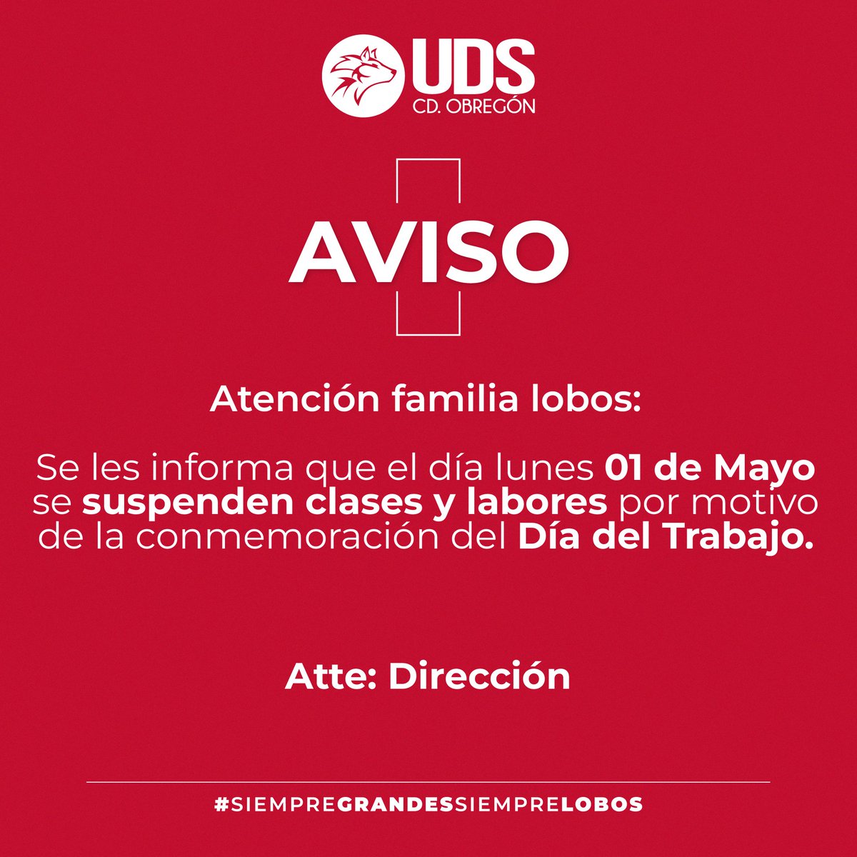 UDSOBREGON's tweet photo. Atencion familia lobos.

Se les informa que el día lunes 01 de Mayo se suspenden clases y labores por motivo de la conmemoración del Día del Trabajo.

Atte. Dirección

#siempregrandes #siemprelobos https://t.co/nPt71fihvP