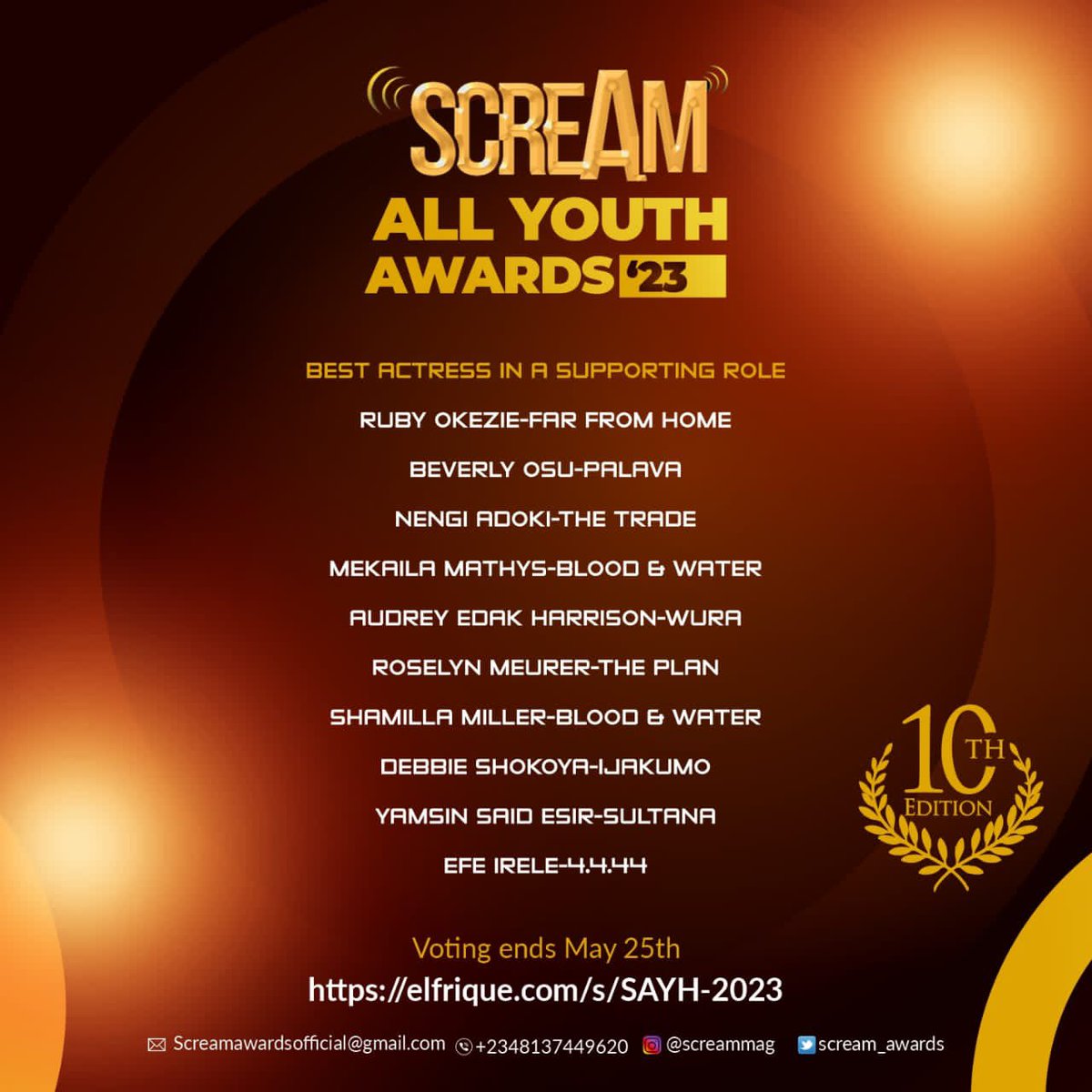 Scream_Awards's tweet photo. @Rubyokezie @beverlyOsu @NengiAdoki @mekailamathys @rosymeurer @ShamillaMiller @DebbieShokoya @EfeIrele #ScreamAwards10thEdition #NomineesList #ScreamAwards2023 https://t.co/MW9Fv33Quf