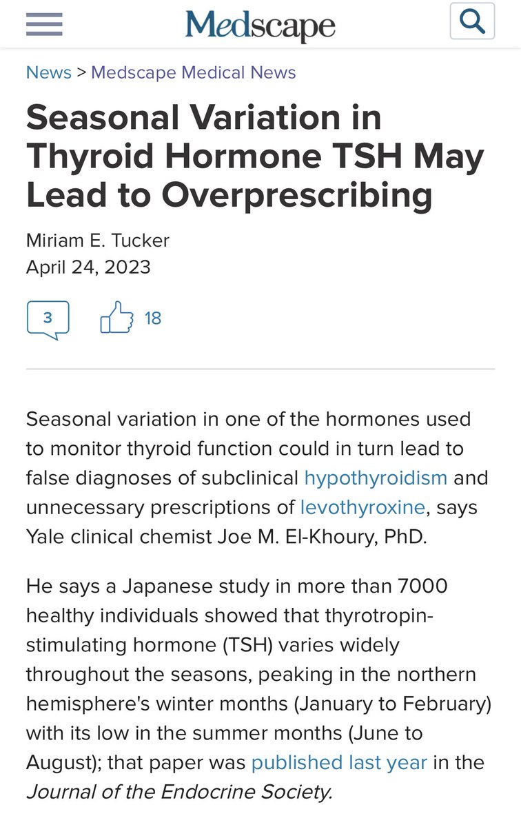 Thank you <a href="/Medscape/">Medscape</a> for covering my letter in @Clin_Chem_AACC. In a nutshell, #TSH reference intervals do not account for seasonal variability. It’s a major source of false subclinical #hypothyroidism diagnoses and levothyroxine overtreatment. <a href="/Yale_LabMed/">Yale Lab Medicine</a> <a href="/YaleMed/">Yale School of Medicine</a> #MedTwitter