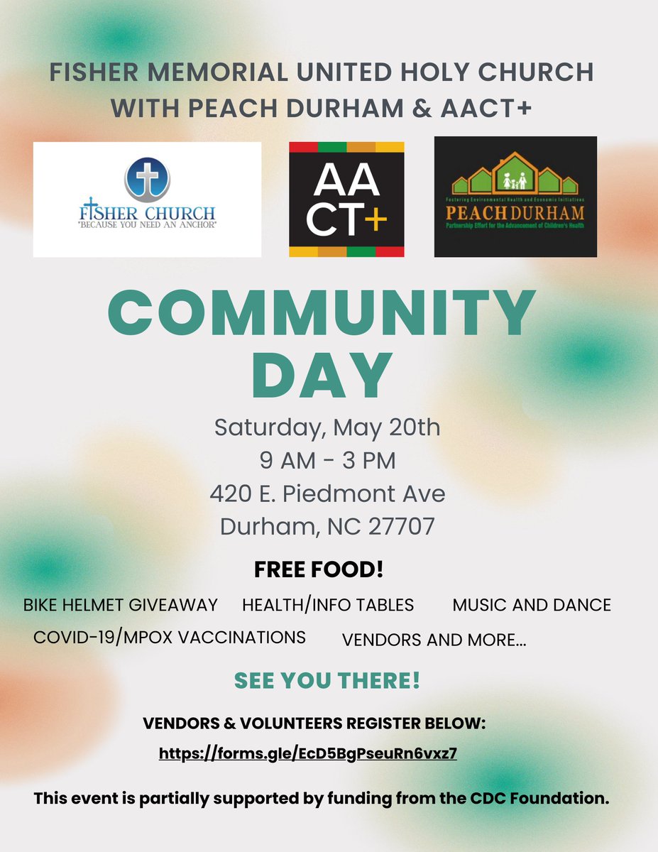 PEACHDurham's tweet photo. Come check out Community Day with PEACH, @FMUHCA, and @AACTplus! There will be free food, music and dance, and much more! If you are interested in volunteering or being a vendor, register here: https://t.co/XaoEaJDKXi 
#durham #durhamnc https://t.co/rPzEDP3jjD