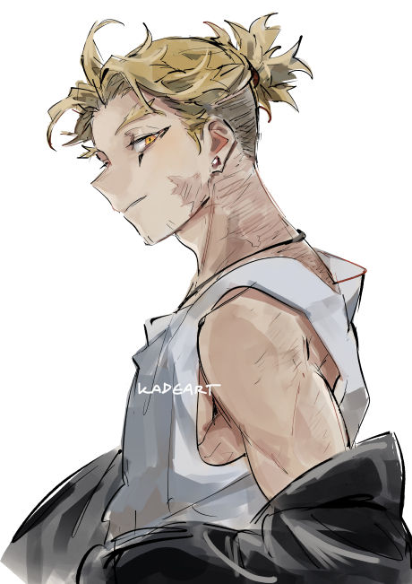 hawks (boku no hero academia) 1boy male focus solo blonde hair facial hair stud earrings yellow eyes  illustration images