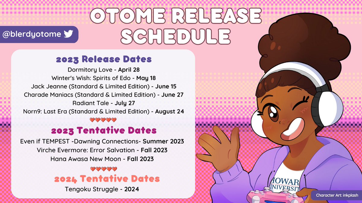 BlerdyOtome's tweet photo. Since it's a lot to keep up with here's the obligatory Otome Release Schedule with dates! #otometwt #OtomeArmada https://t.co/teeeaAMyBQ