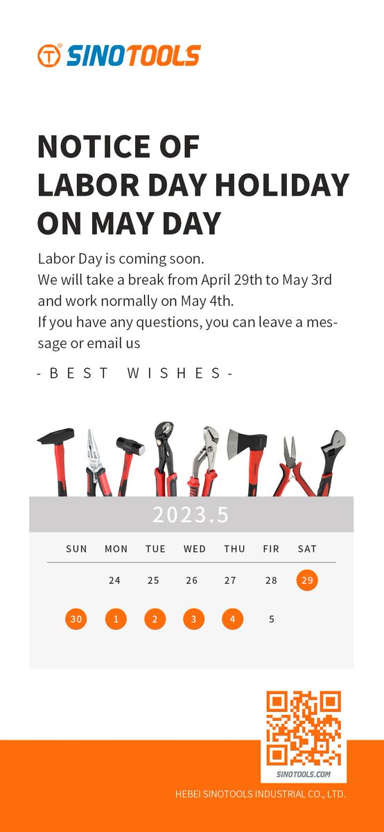 sinotools1's tweet photo. Hello,firends~
In order to welcome May Day, we will take a break from 4.29 to 5.3 and work normally on 5.4. 

https://t.co/BxFZ0tsDsR
 #laboratory #labor #laboratoriodental #laborday  #trade #supplier #screwdriver #madeinchina #hardware #toolset #cantonfair #Guangzhou #plier https://t.co/PGHPpLP4Io
