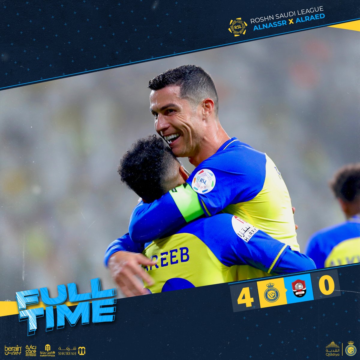 AlNassrFC's tweet photo. 🔚 | صافـرة النهايـة!
النصر 4 - 0 الرائد

⚽️ كريستيانو رونالدو
⚽️ عبدالرحمن غريب
⚽️ محمد مران
⚽️ عبدالمجيد الصليهم
مبروك يا عالميين! 💛

#النصر_الرائد https://t.co/lKtkMbOBIw