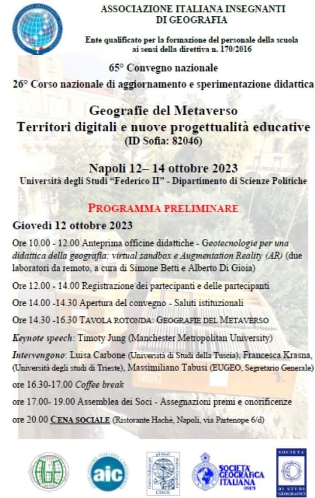 AIIGgeografia's tweet photo. APERTE LE ISCRIZIONI AL 65° CONVEGNO NAZIONALE - NAPOLI, 12-14 OTTOBRE 2023 
GEOGRAFIE DEL METAVERSO. 
TERRITORI DIGITALI E NUOVE PROGETTUALITA' EDUCATIVE

Scheda di iscrizione e programma  sul sito https://t.co/LE1w4FeJO8 https://t.co/b5J3DxzIxr