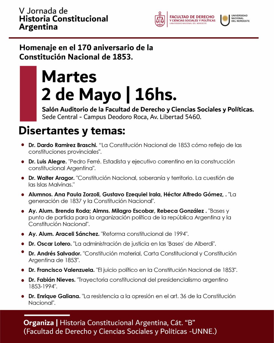 CEJChaco's tweet photo. Actividad recomendada. 
V Jornada de Historia Constitucional Argentina
Derecho @unneargentina https://t.co/fEYLSD07dJ