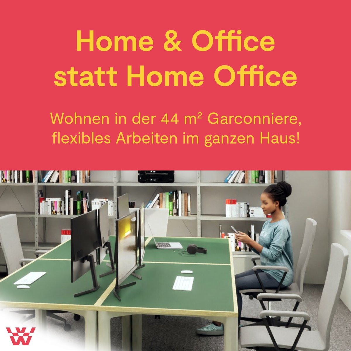 Besonderer Vorteil unserer Single-Wohnungen: Die flexible Nutzung vom Coworking ist bereits inkludiert! So kann man auf den Schreibtisch in den eigenen vier Wänden verzichten und hat ihn wenige Meter weiter in einem  angenehmen Arbeitsumfeld. Mehr Infos: diehauswirtschaft.at/mitmachen/