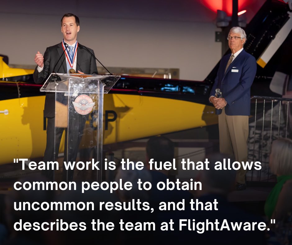 flightaware's tweet photo. Baker emphasized the importance of teamwork and the distinctiveness of what we proudly call the "FlightAware way." Congratulations again to our very own Daniel Baker on this outstanding honor. #flightaware #aviation #bigdata #avgeeks #centraltoaviation 📸: Lone Star Flight Museum https://t.co/BZRIAdgmke
