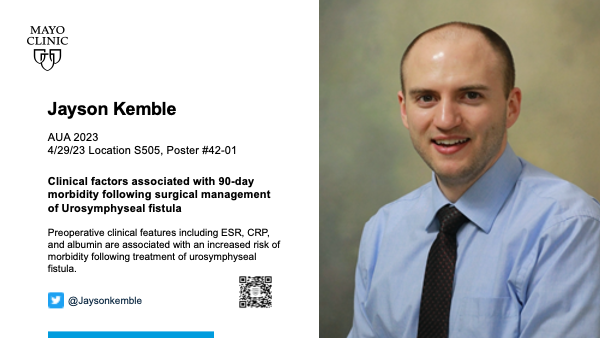 Mayo Clinic Urology (@mayourology) on Twitter photo Join Jayson Kemble, DO, @Jaysonkemble, Saturday at 1pm on Clinical Factors Associated with 90-day Morbidity Following Surgical Management of Urosymphyseal Fistula
<a href="/AmerUrological/">Amer. Urol. Assn.</a>
#AUA23 Join Jayson Kemble, DO, @Jaysonkemble, Saturday at 1pm on Clinical Factors Associated with 90-day Morbidity Following Surgical Management of Urosymphyseal Fistula
<a href="/AmerUrological/">Amer. Urol. Assn.</a>
#AUA23