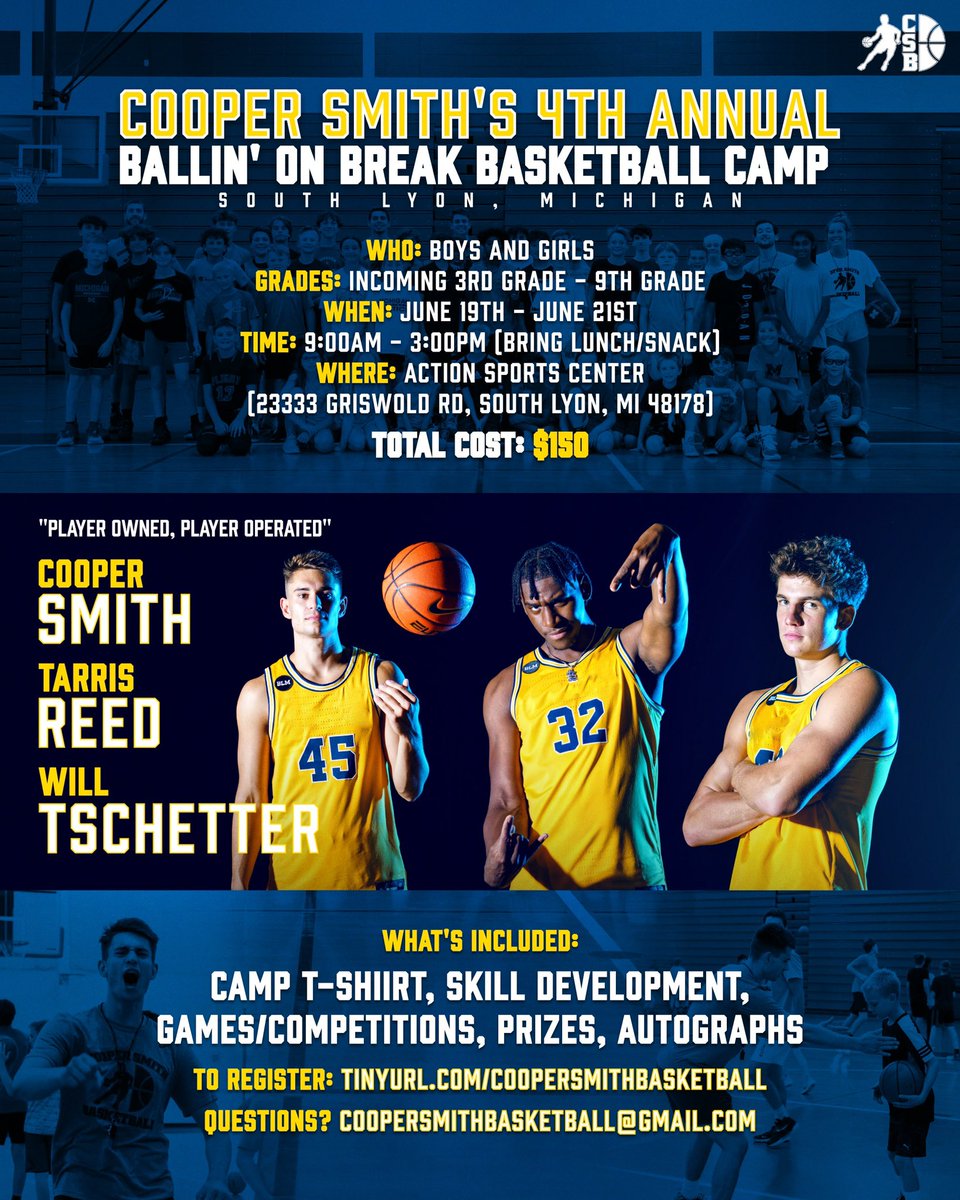 cooooopersmith_'s tweet photo. Super excited to announce my 4th Annual Ballin’ on Break Basketball Camp in South Lyon, MI at Action Sports Center with my guys Tarris Reed Jr. and Will Tschetter! 

To Register:
https://t.co/hyOFsjKvVG 

Questions?                        coopersmithbasketball@gmail.com https://t.co/FobgAlL29u