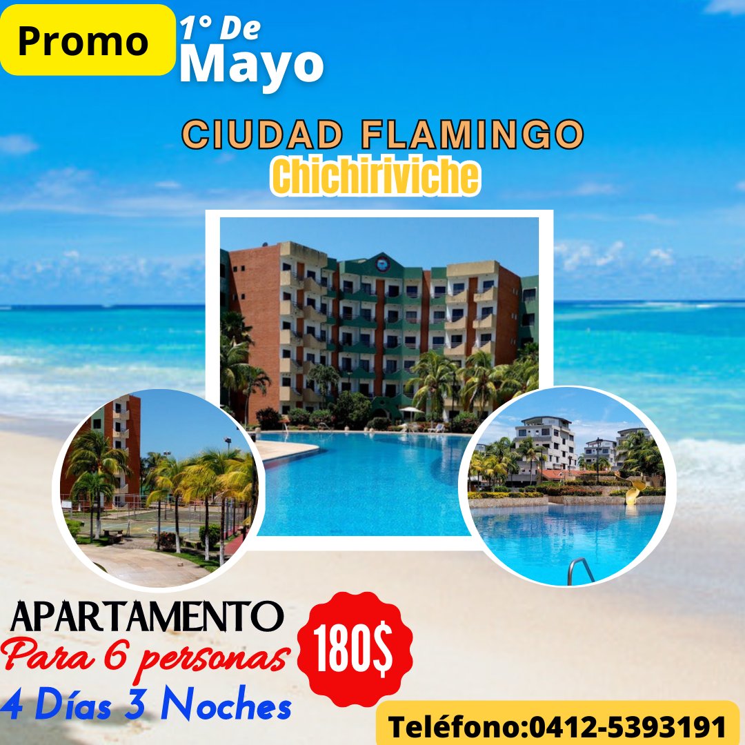 JuliaRiera27's tweet photo. Ven y disfruta unos días en ciudad Flamingo. Te ofrecemos hospedaje al mejor precio!
#1deMayo2023 
#DiaDelTrabajador 
#Playas
#Morrocoy
#findesemana 
#Chichiriviche
#Valencia
#Caracas
#SanCristóbal
#Barquisimeto https://t.co/lQTMOKr2CY