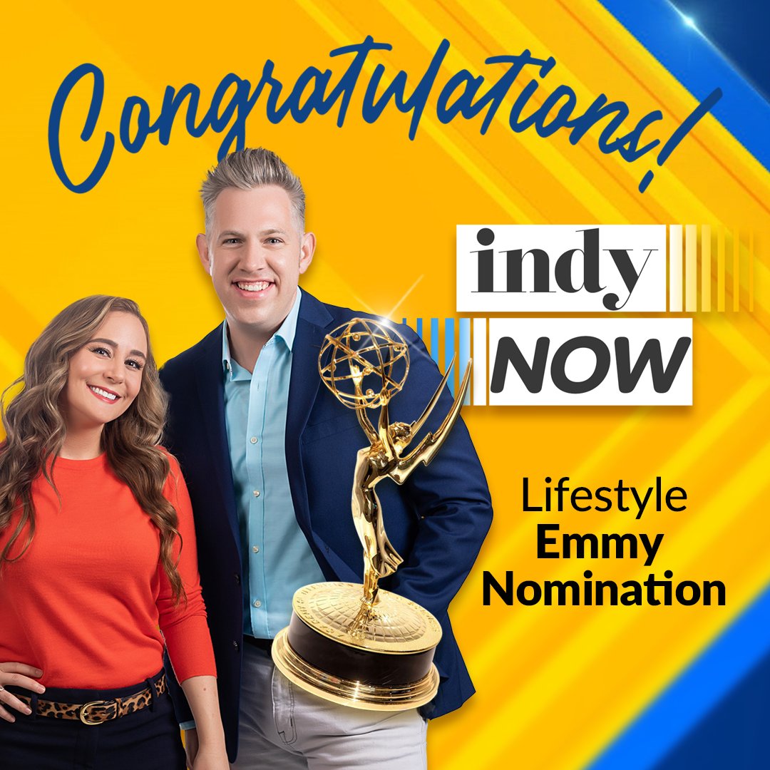 IndyNowTV's tweet photo. 💙💛The Indy Now team is excited to share the news: we're nominated for an Emmy!  Thank you to all our guests and viewers who help us do what we do. If you have a favorite Indy Now moment, share it with us in the comments! 💙💛 @JillianDeam @ryansongs @FOX59 https://t.co/aHGdSae9gq