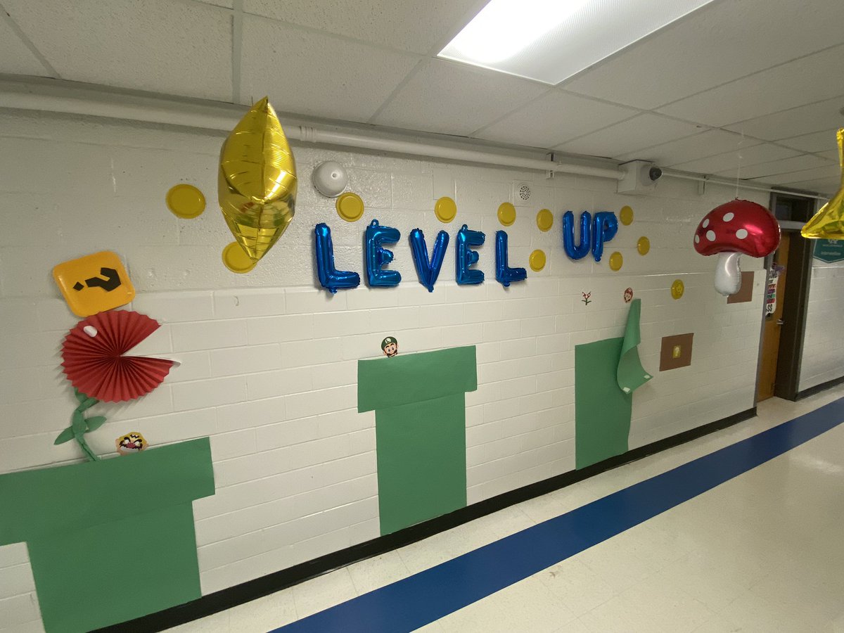 WGE_Principal's tweet photo. So excited for our students to see the finished product of our Super Mario hallway transformation! It looks awesome and I can’t wait to see our faculty and staff show up Monday in their Mario related gear! We are ready to Level Up on the state test! #WeLeadWGE #KidsDeserveIt https://t.co/Cpe0aqNP7p
