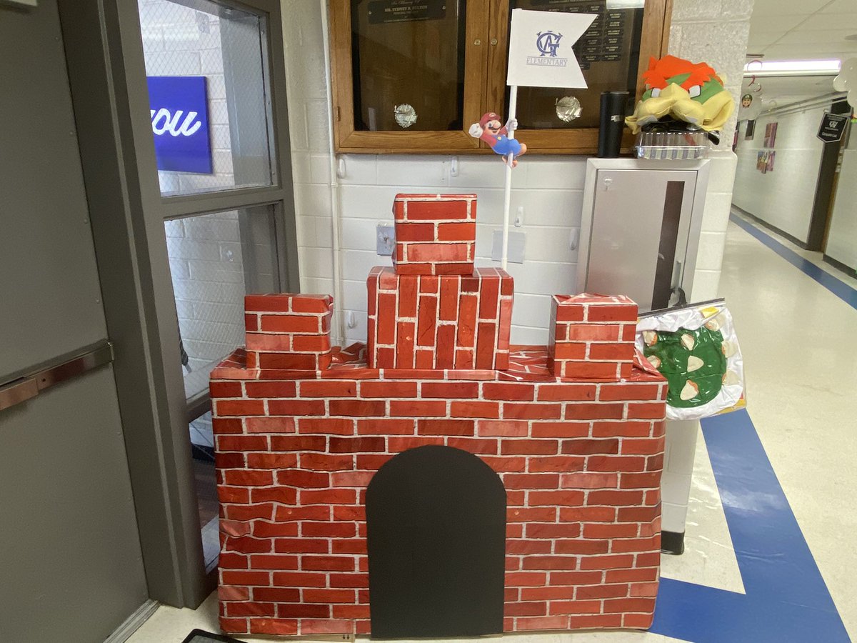 WGE_Principal's tweet photo. So excited for our students to see the finished product of our Super Mario hallway transformation! It looks awesome and I can’t wait to see our faculty and staff show up Monday in their Mario related gear! We are ready to Level Up on the state test! #WeLeadWGE #KidsDeserveIt https://t.co/Cpe0aqNP7p